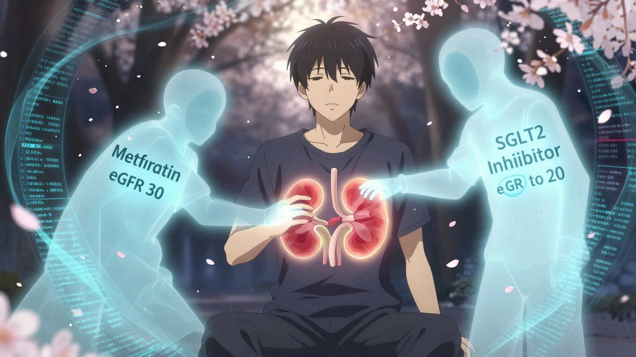 A patient’s glowing kidney is protected by two spectral drug spirits as trial data swirls around them.