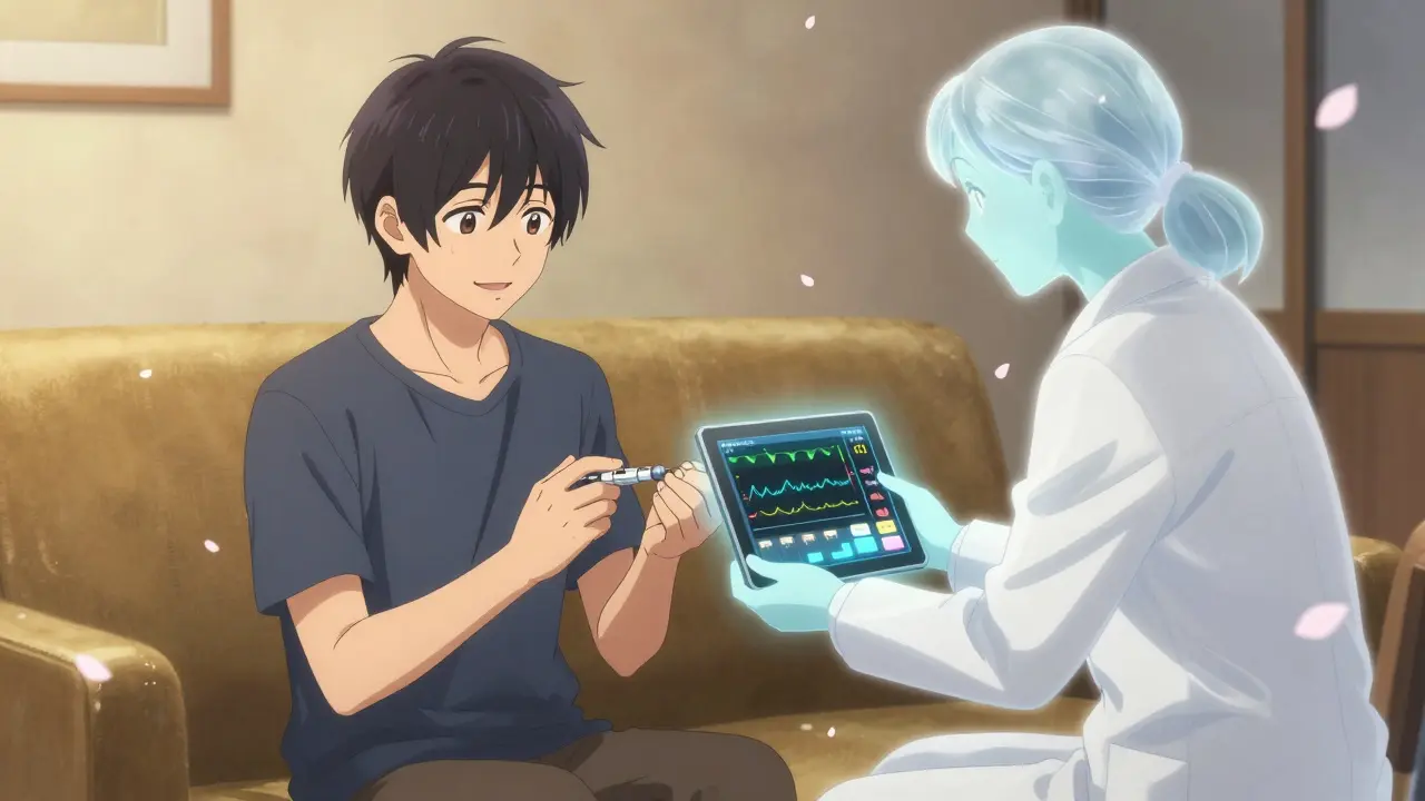 A patient self-injects at home while a spectral pharmacist offers silent support with a glowing tablet.