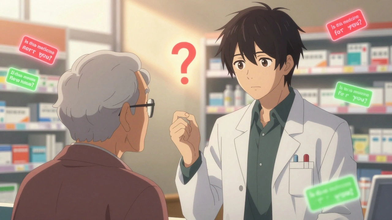 A pharmacist gently asks a patient if medication is for them, with glowing labels nearby.