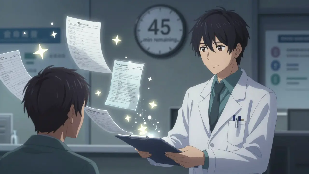 A pharmacist hands an application to a weary patient as documents float and turn to stars, clock ticking down 45 minutes until submission.