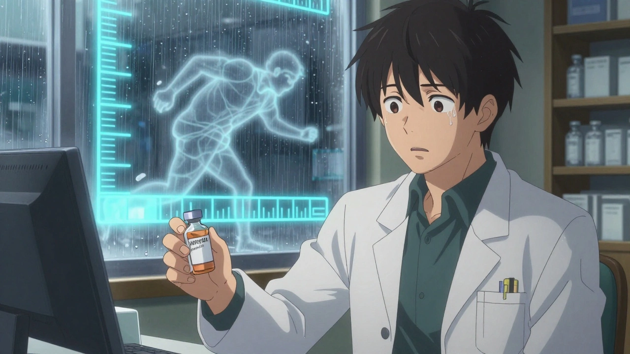 A pharmacist hesitates beside a phenytoin vial, with a ghostly image of a seizure in the background under neon warning lights.