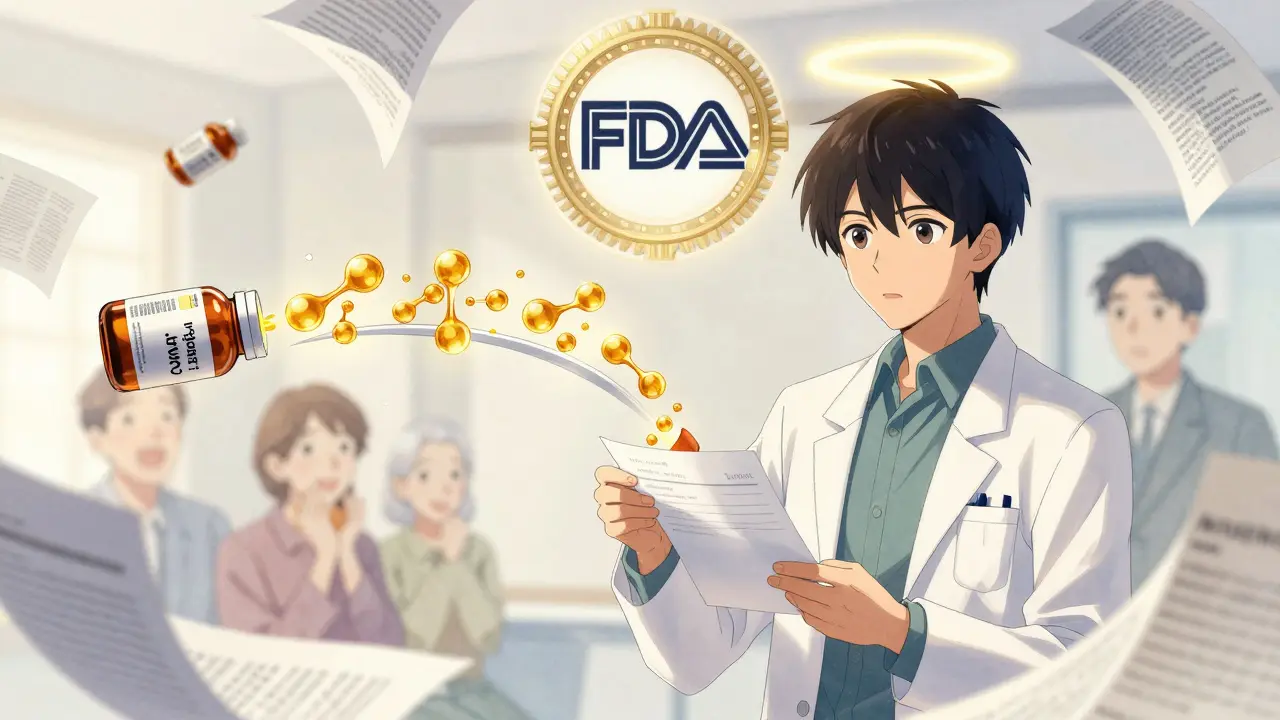 A pharmacist watches as brand and generic pills release matching molecules forming a bridge under an FDA seal.