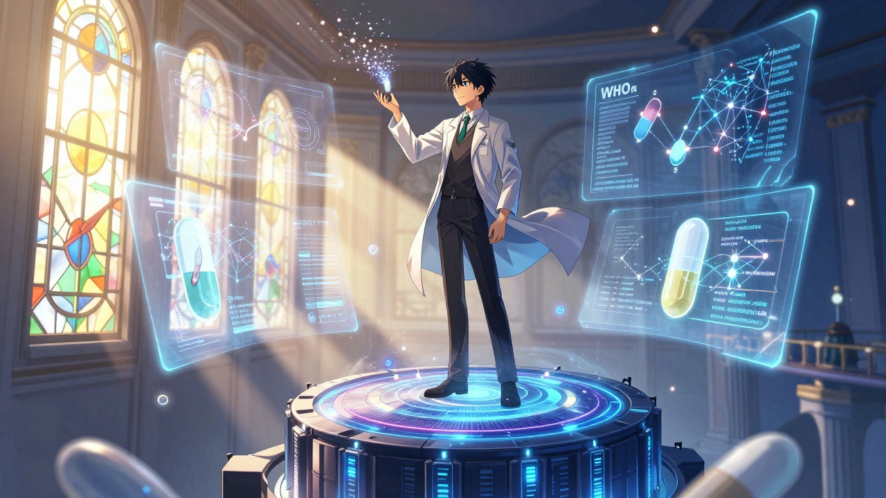 A scientist embeds invisible molecular tags into a pill as quantum data pulses around them.