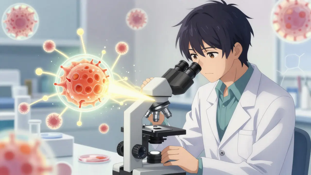 A scientist observing a fungal cell surrounded by omeprazole molecules enhancing antifungal effect.