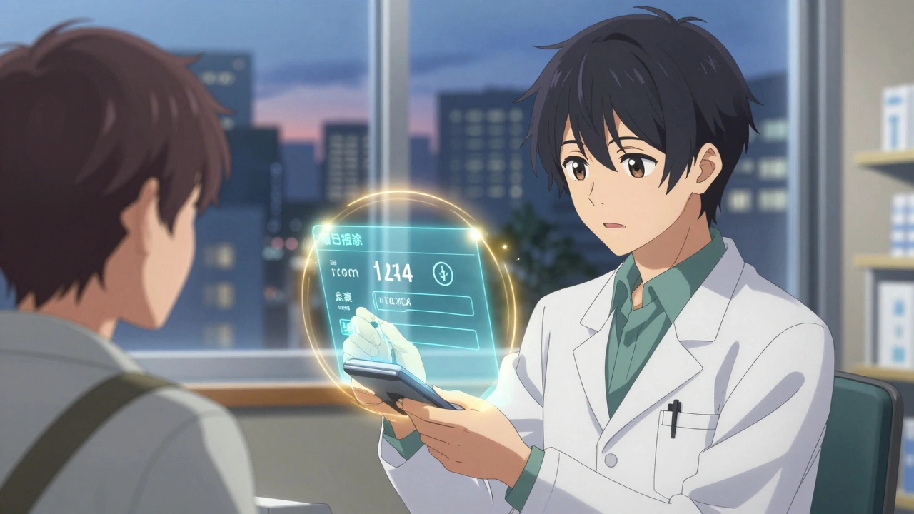 A technician scans a patient&#039;s card with a holographic confirmation display in a pharmacy.