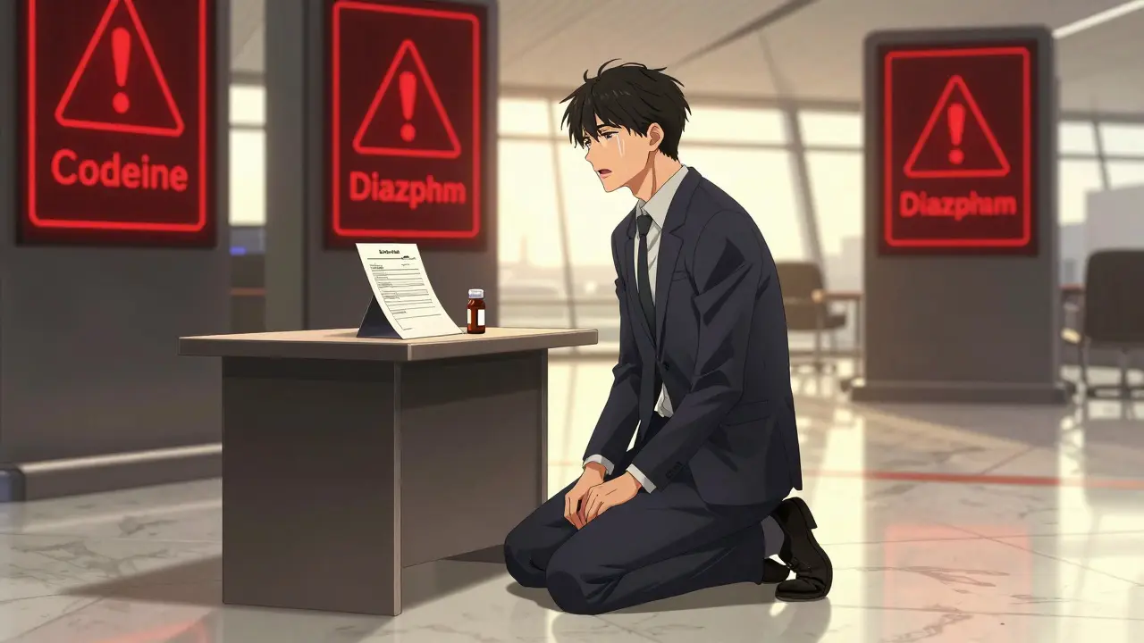 A traveler in a UAE interrogation room, a codeine bottle on the table as red warnings glow on digital screens behind him.