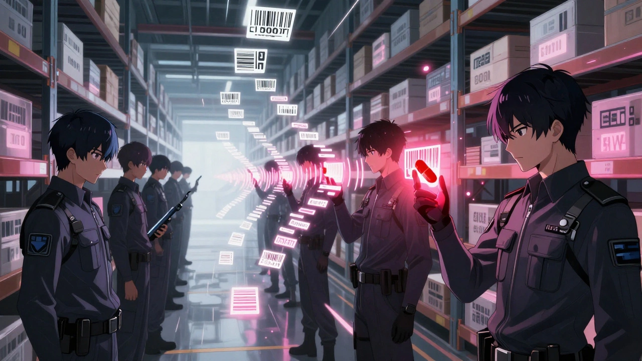 Agents scan drug packages with digital glyphs confirming authenticity in a high-tech warehouse.