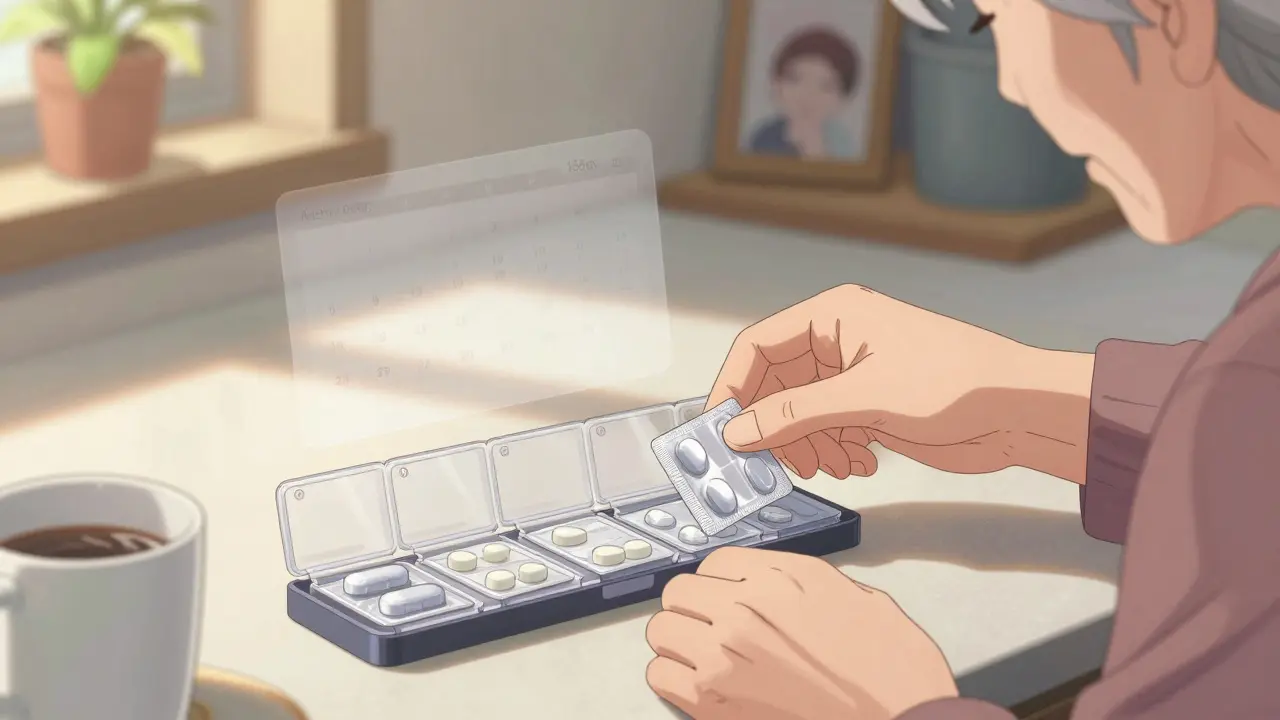 An elderly woman places synchronized medication packs into a monthly organizer at dawn.