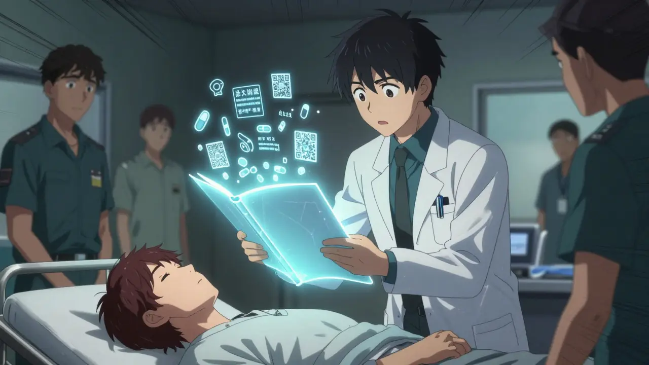 An emergency room scene where a glowing binder helps doctors identify a patient's medications.