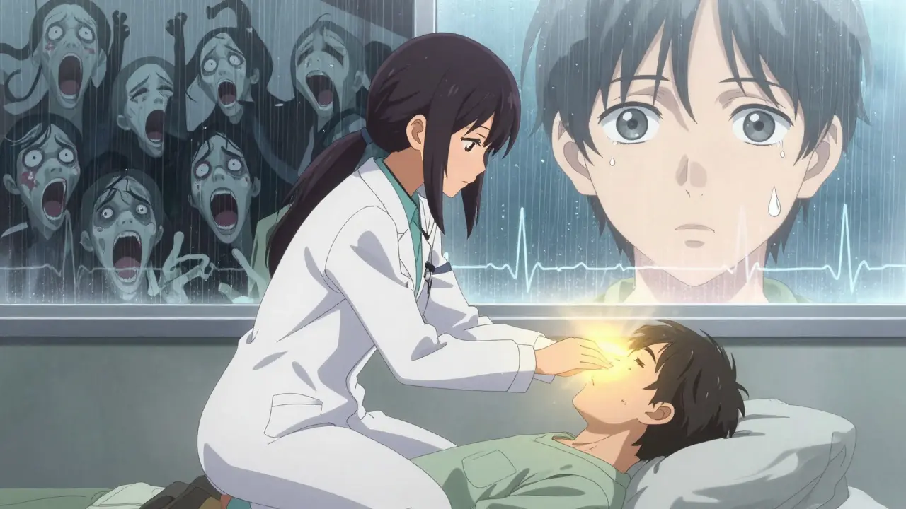 Doctor comforting patient as golden light reverses hallucinations, split-screen shows chaos vs. calm recovery.