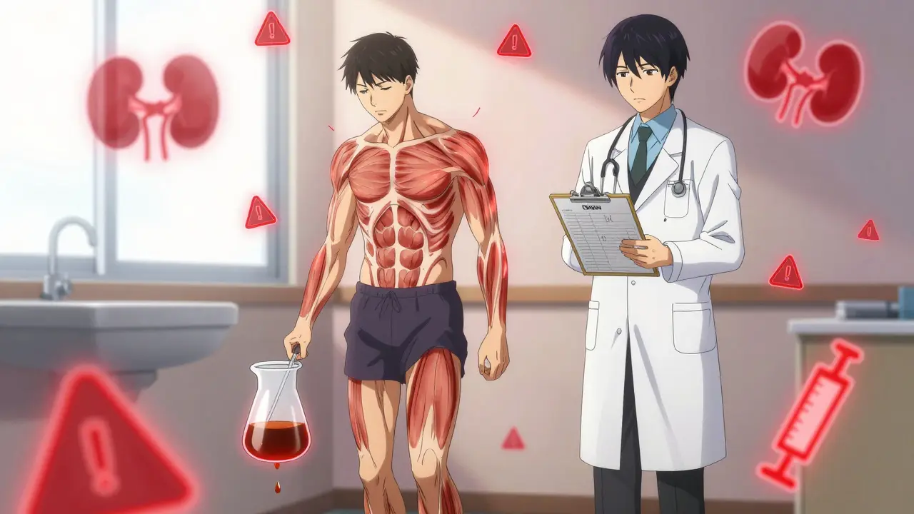 Doctor holding CK chart beside patient showing muscle strain and dark urine dripping.