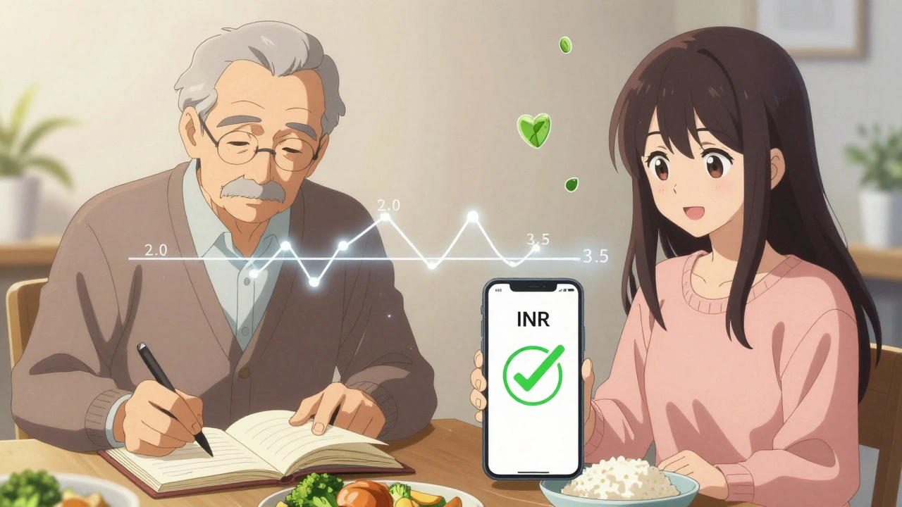 Elderly man and young woman both tracking vitamin K intake, one with paper, one with app, steady INR line connecting them.