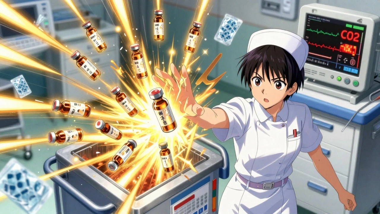 Emergency cart bursting with dantrolene vials as vital signs flash red