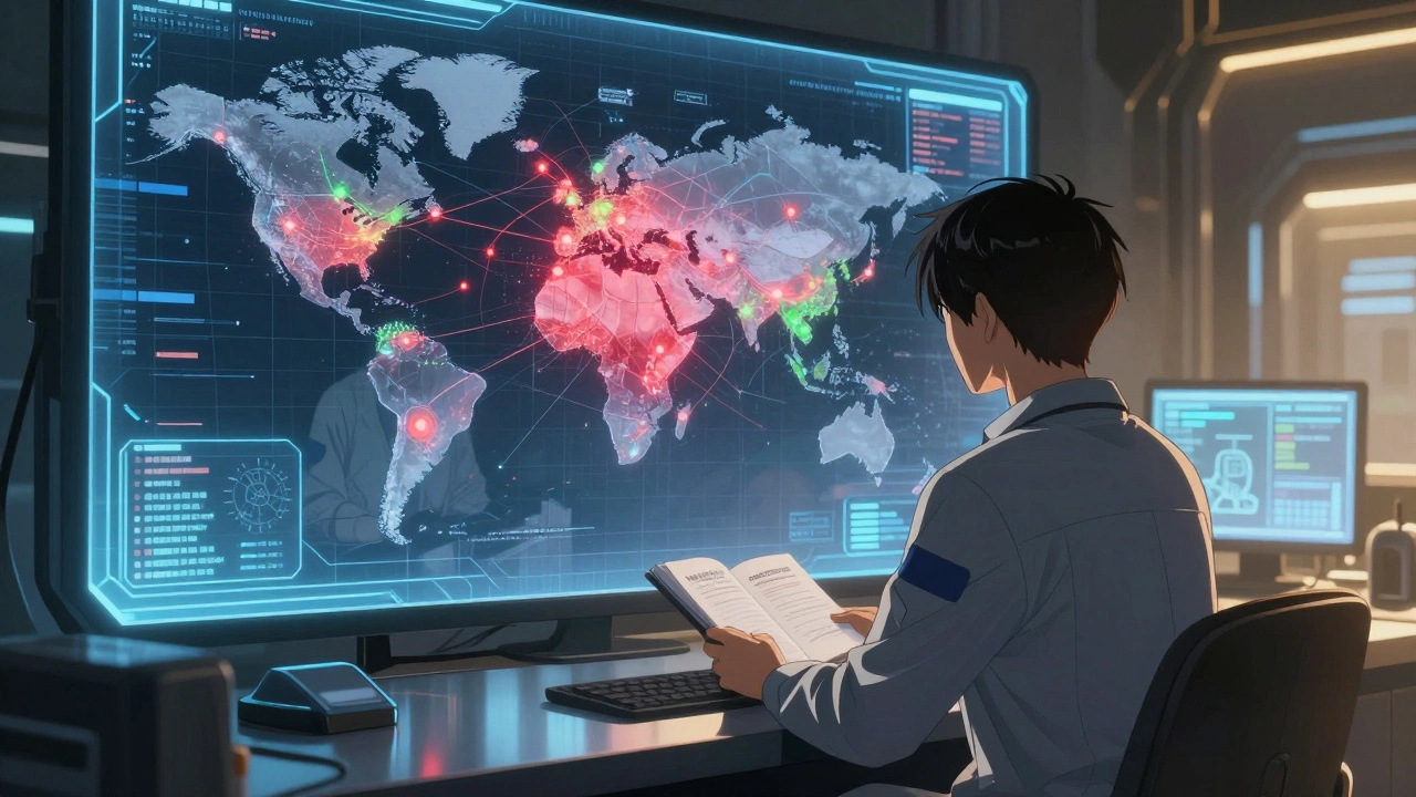 Engineer monitoring a holographic global supply chain map with red alert nodes pulsing.