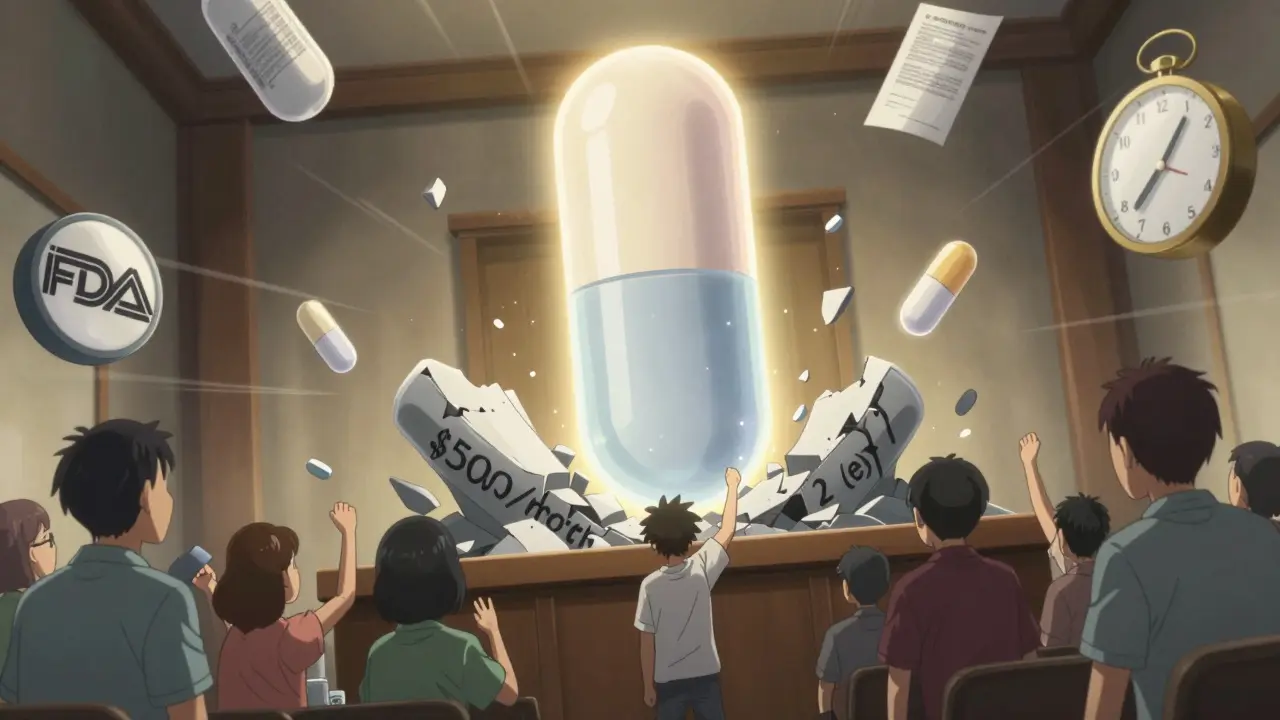 Generic pill defeating a costly brand-name drug monument in a courtroom