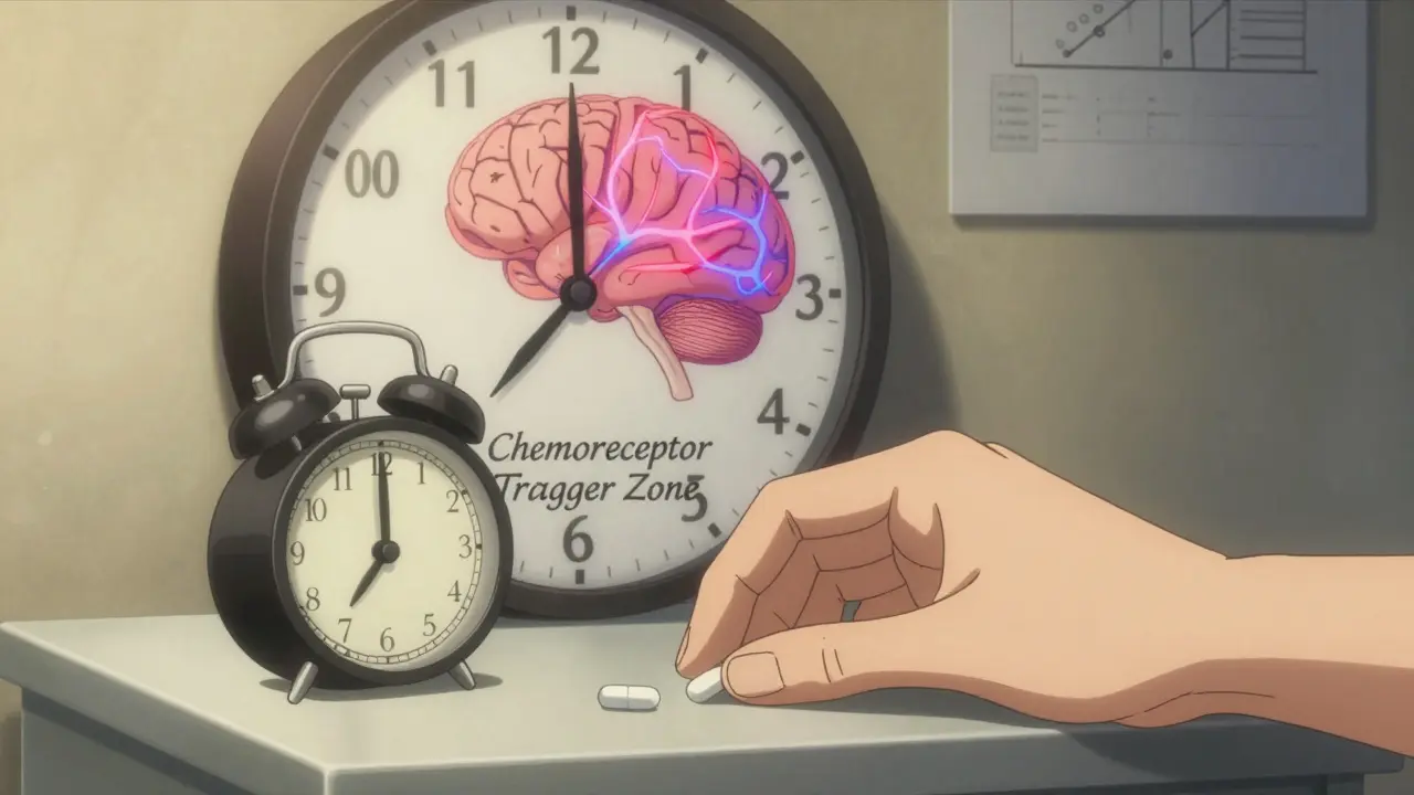 Hand placing antiemetic pill on bedside table before opioid dose, clock showing precise timing in manga style.