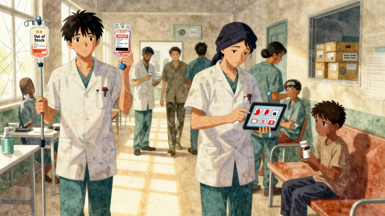 Healthcare workers in a clinic facing drug shortages, a child clutching an empty medicine bottle.