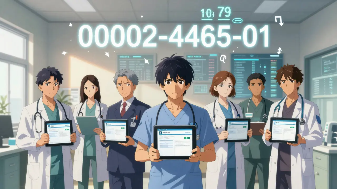 Healthcare workers watch as a 10-digit NDC transforms into a 12-digit code under a glowing display.