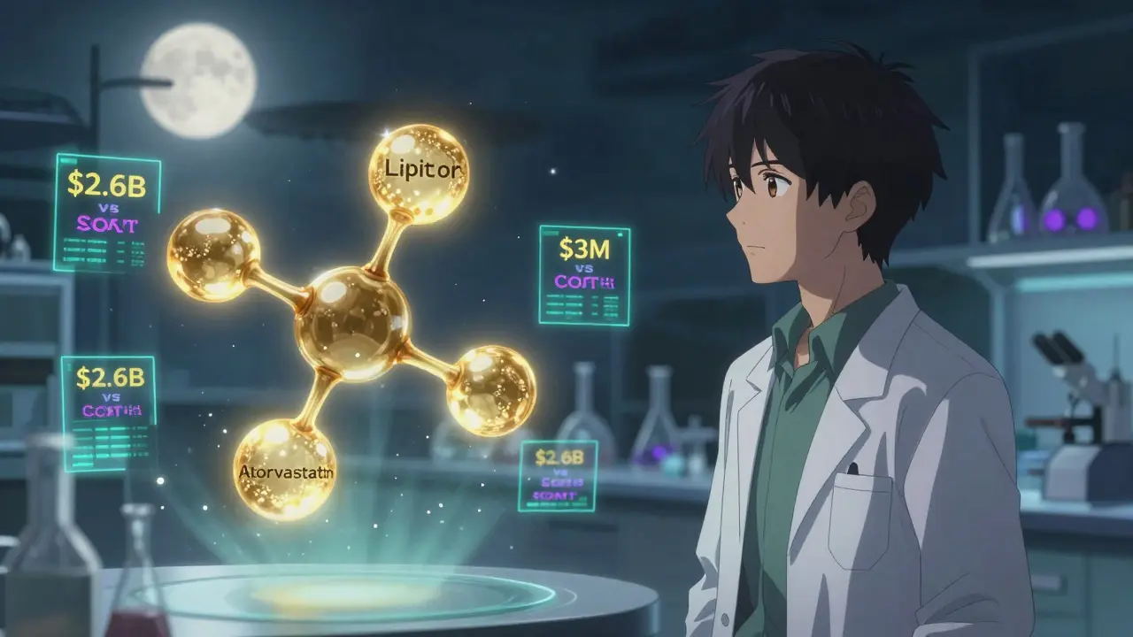 Identical glowing drug molecules side by side with cost comparison data