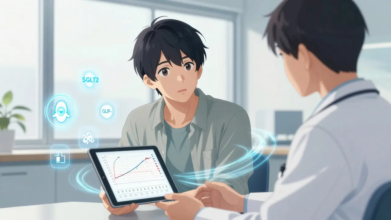 Man consulting doctor about kidney health with floating medication icons.