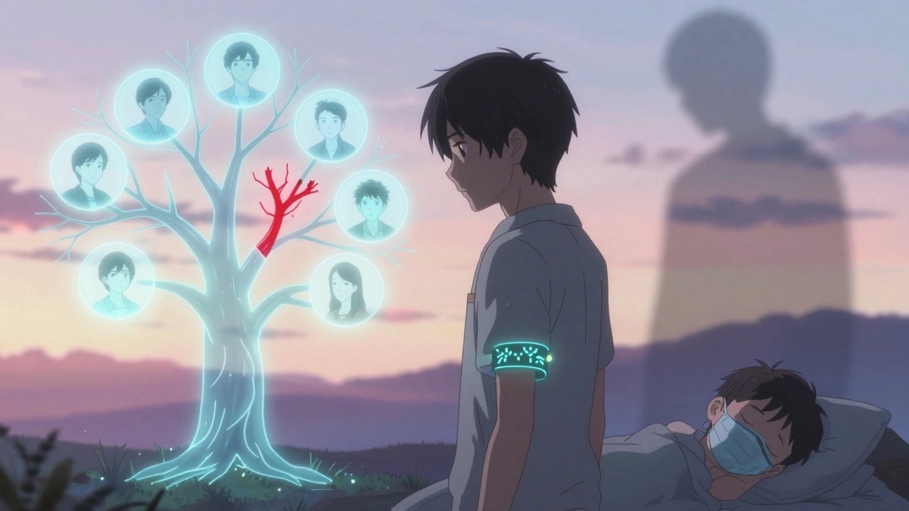 MH survivor with glowing bracelet beside family tree symbolizing genetic risk