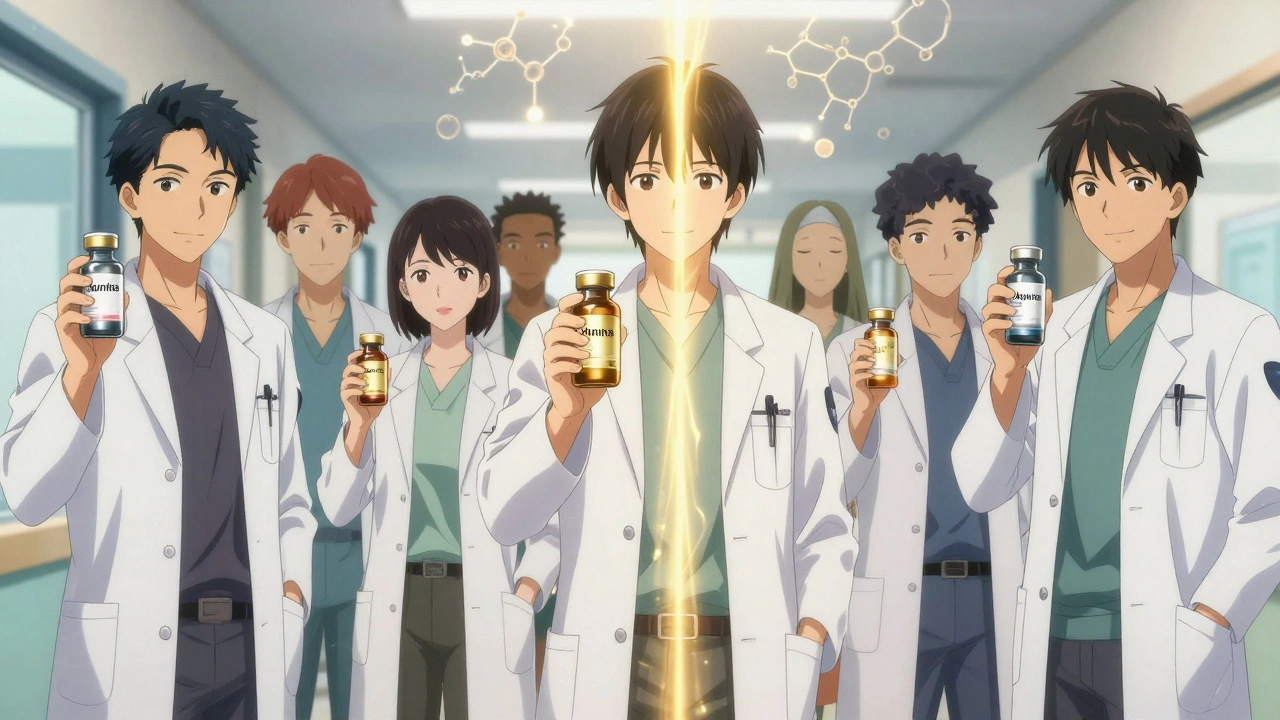 Patients and doctors holding identical vials with glowing molecular chains symbolizing equal effectiveness.