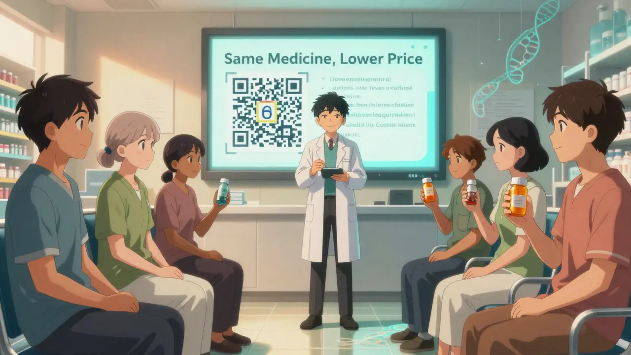 Patients holding different pill bottles while a QR code projects a video explaining generic medications.