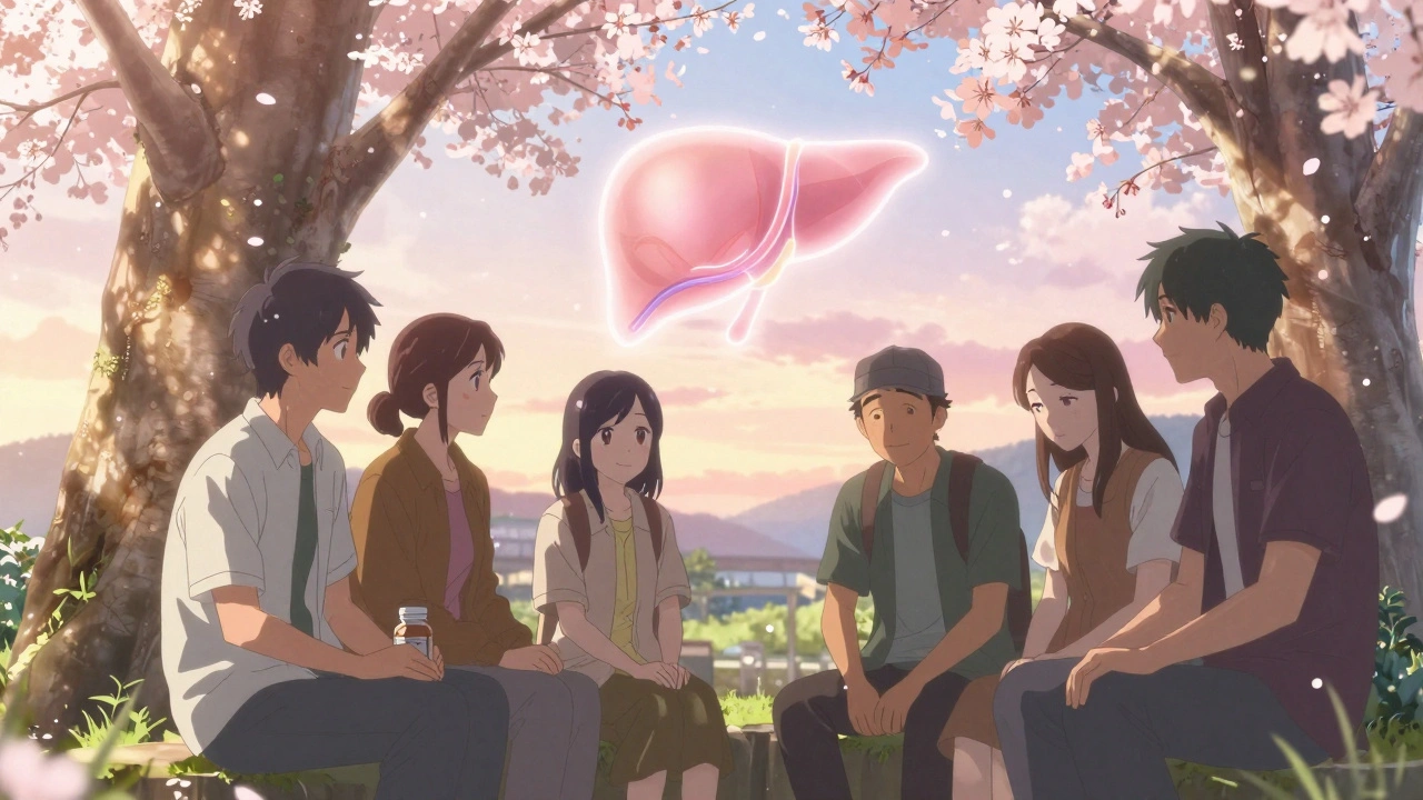 Patients in a park with a translucent protective liver spirit above them, bathed in sunset light.