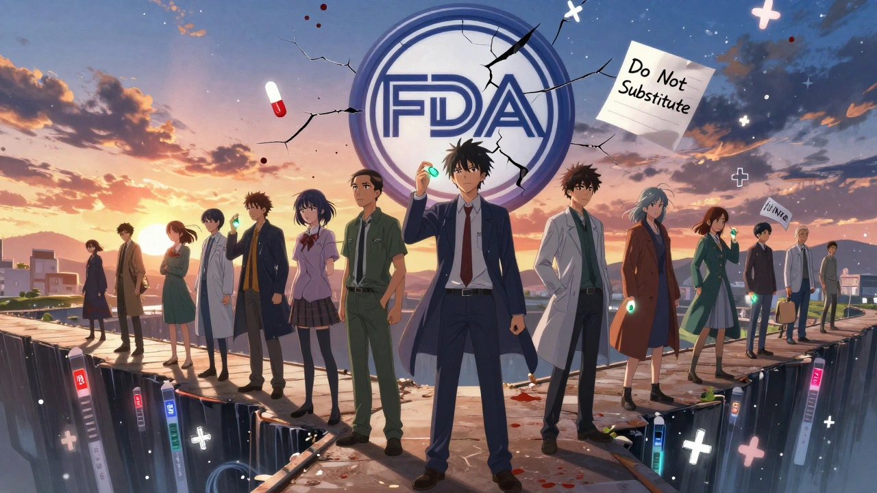Patients stand on a bridge over a chasm of blood level values, holding glowing pills, as a cracked FDA seal falls above them.