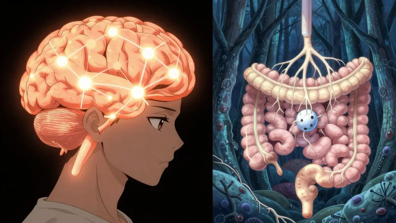 Split illustration of a brain with fading neural signals and a gut with persistent receptor activity.