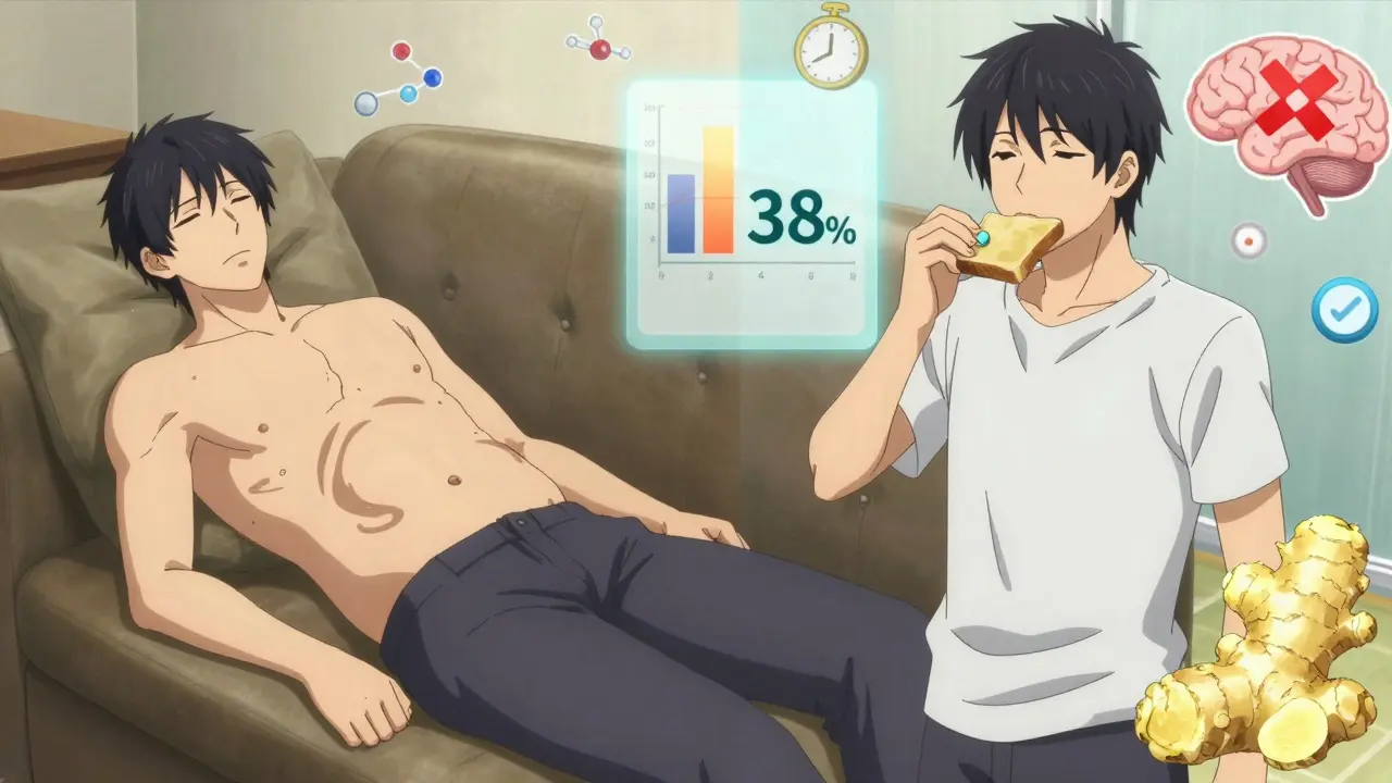 Split scene: bloated stomach vs. upright posture with ginger and stool softener, medical symbols floating in background.