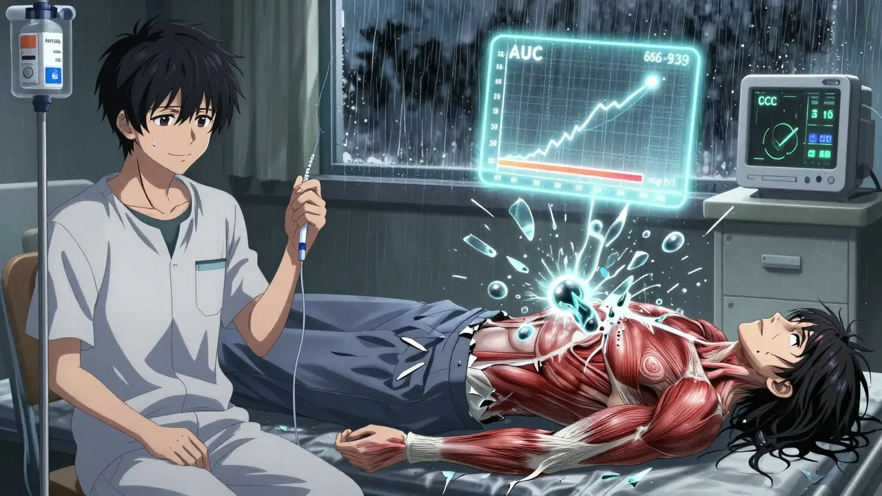 Split scene: patient healthy vs collapsed with fraying muscles and exploding CK levels.