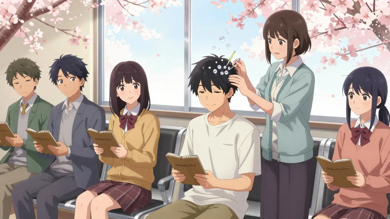 Teens in a waiting room holding headache diaries, one receiving Botox as calming energy flows around them.