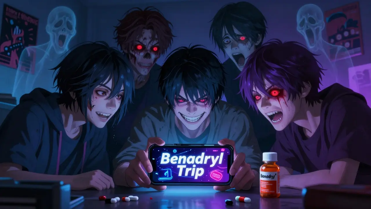 Teens viewing a dangerous social media challenge on a phone, ghostly symptoms floating around them in a bedroom.