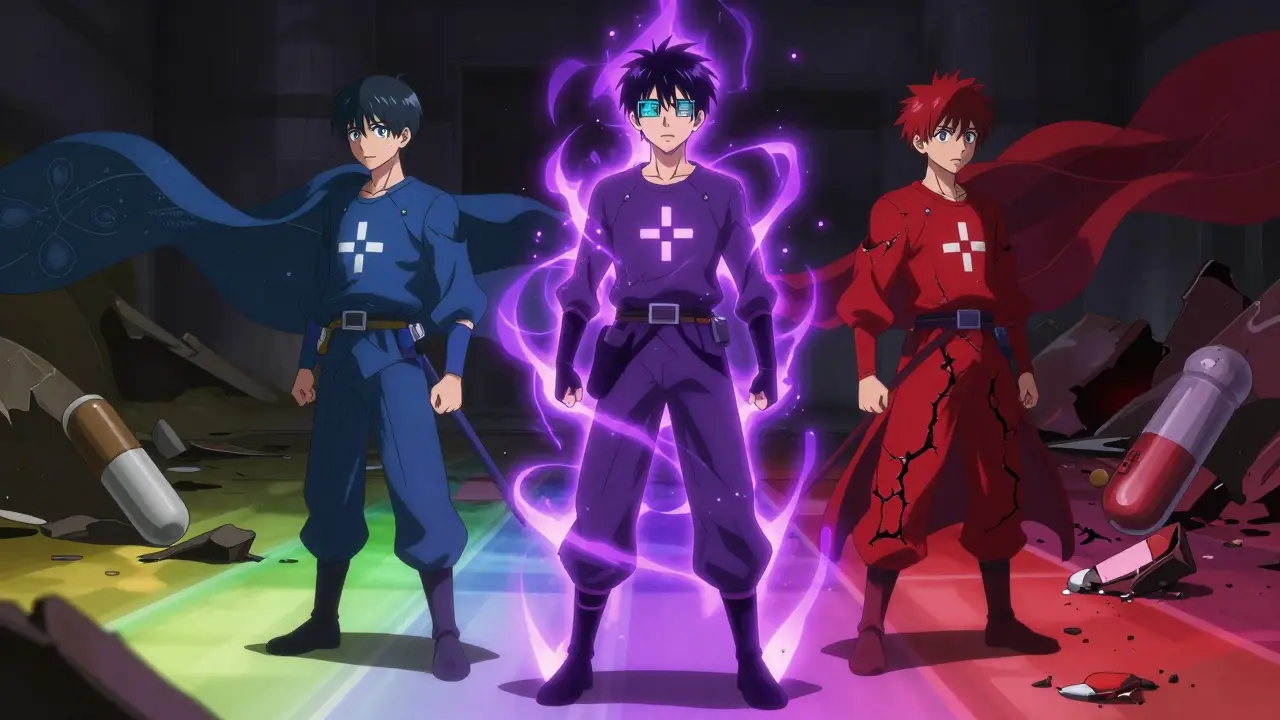 Three antifungal drugs depicted as warriors on a pH battlefield, each reacting differently to acid levels.