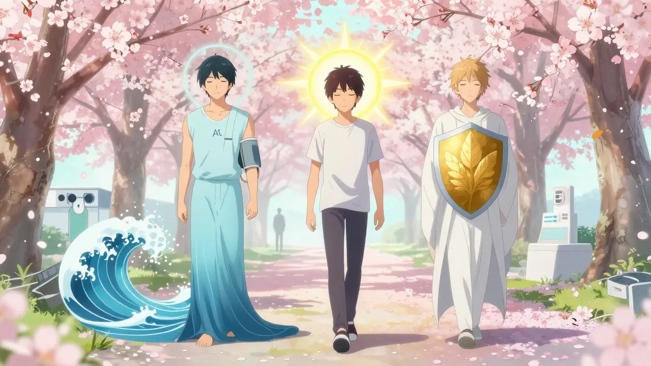 Three symbolic guardians protect a man walking through cherry blossoms.