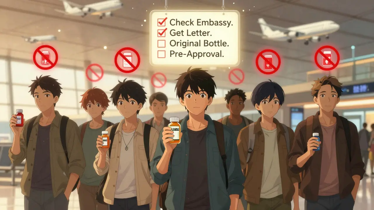 Travelers at an airport with floating red prohibition icons above their medications, a glowing checklist hovering above them.