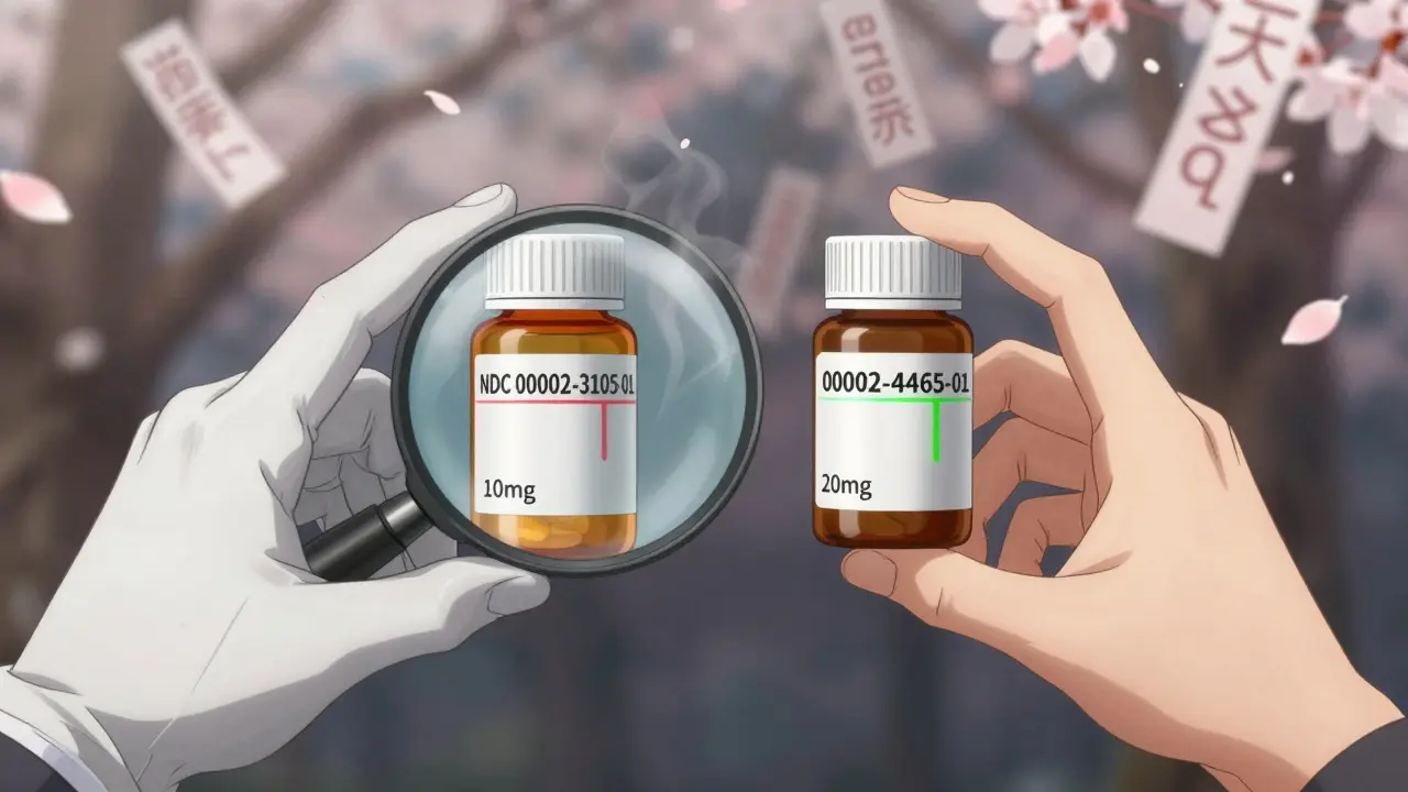 Two hands compare pill bottles with holographic NDC codes highlighting a dangerous digit difference.