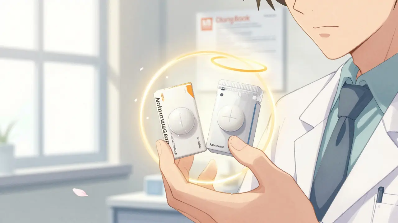 Two identical pills side by side, one in branded packaging, one in generic, surrounded by a golden halo.