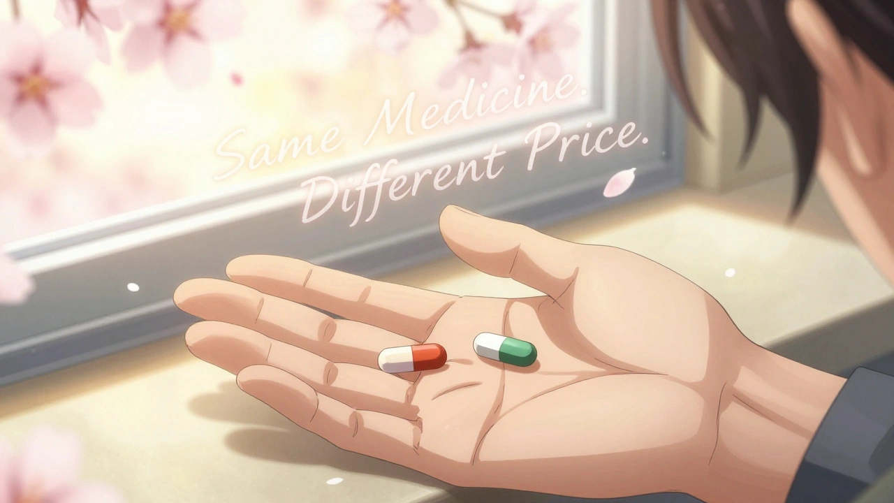 Two pills—one branded, one generic—side by side on a windowsill, with cherry blossoms falling and golden light highlighting their identical core.