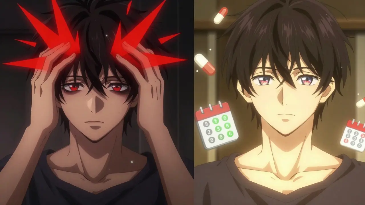 Two versions of a person: one suffering from migraines, the other healed, with icons showing reduced headache days.