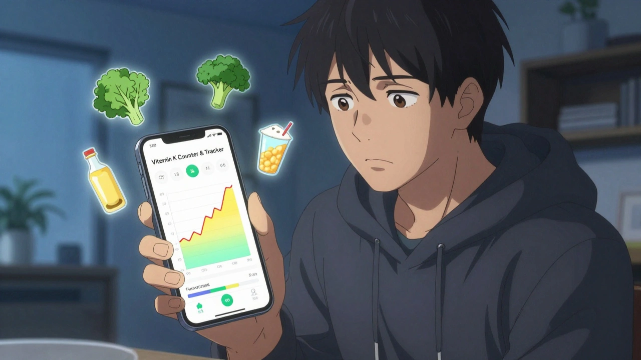 Young man viewing a vitamin K tracking app on his smartphone with food icons floating nearby.