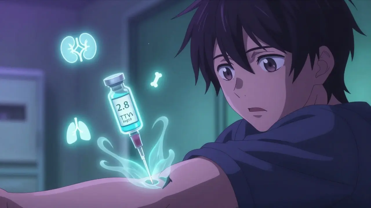 A blood draw with glowing TTV levels floating in the air, surrounded by icons of vital organs, illuminated in neon purple and teal.