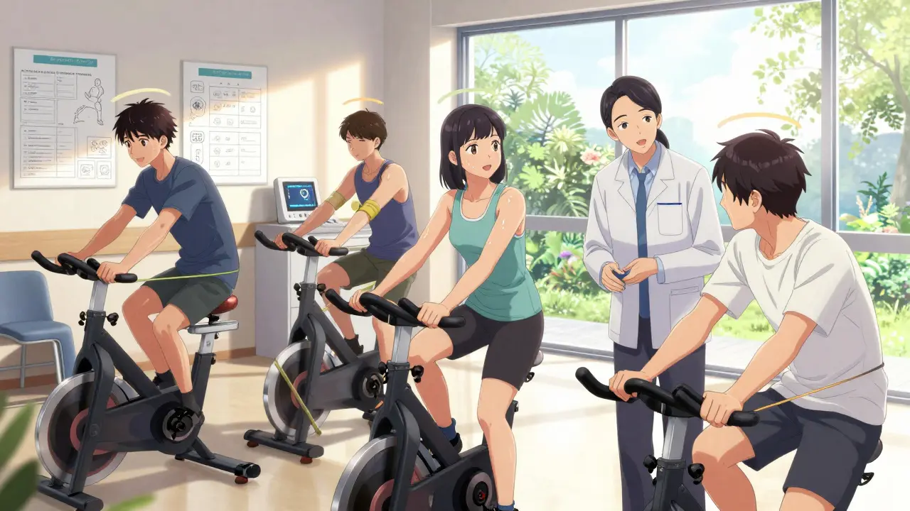 A diverse group exercising in a bright rehab center with supportive staff.