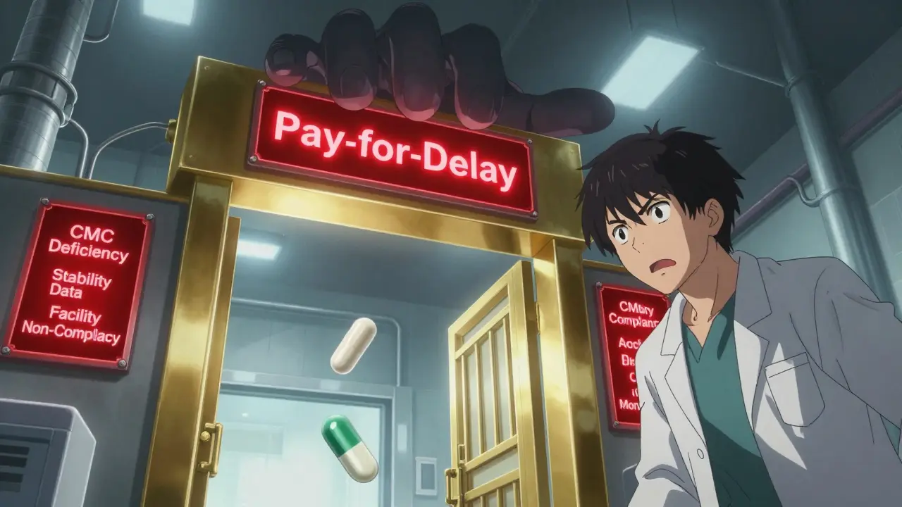 A generic pill blocked by a shadowy hand labeled 'Brand Co.' amid warning signs for manufacturing issues.