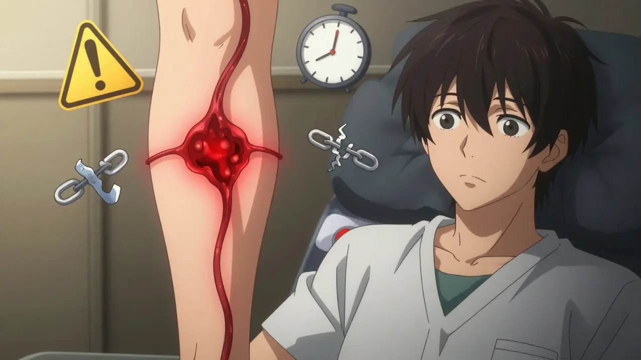 A leg with a glowing blood clot and floating warning symbols, cinematic lighting highlighting medical risk.