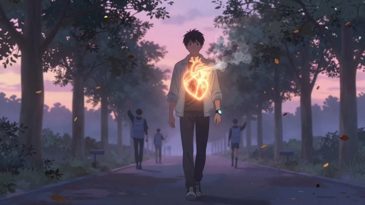 A man walking peacefully at dawn, a glowing heart outline behind him.