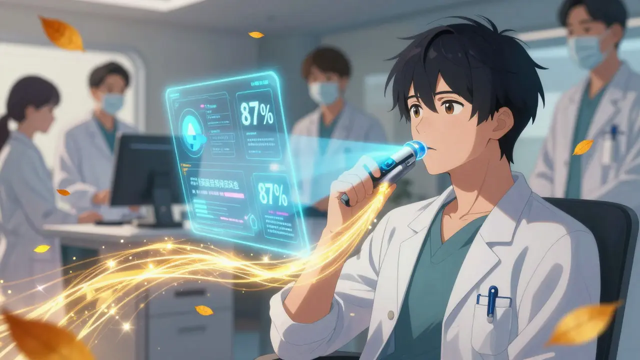 A patient breathing into a futuristic device as holographic health data swirls around them, medical team monitoring in the background.