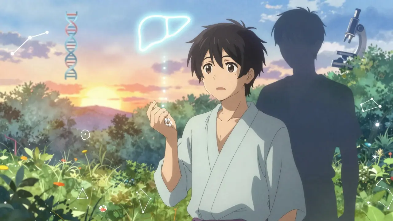 A patient in a garden, his shadow split between sick and healthy forms, a glowing liver radiates healing energy above him.