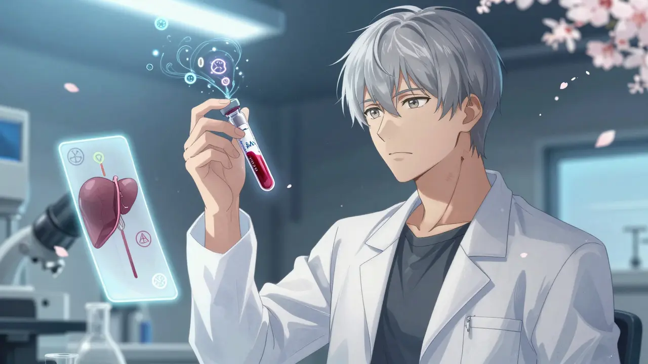 A patient with silver hair holds a blood vial transforming into glowing antibodies, with a floating liver biopsy slide.